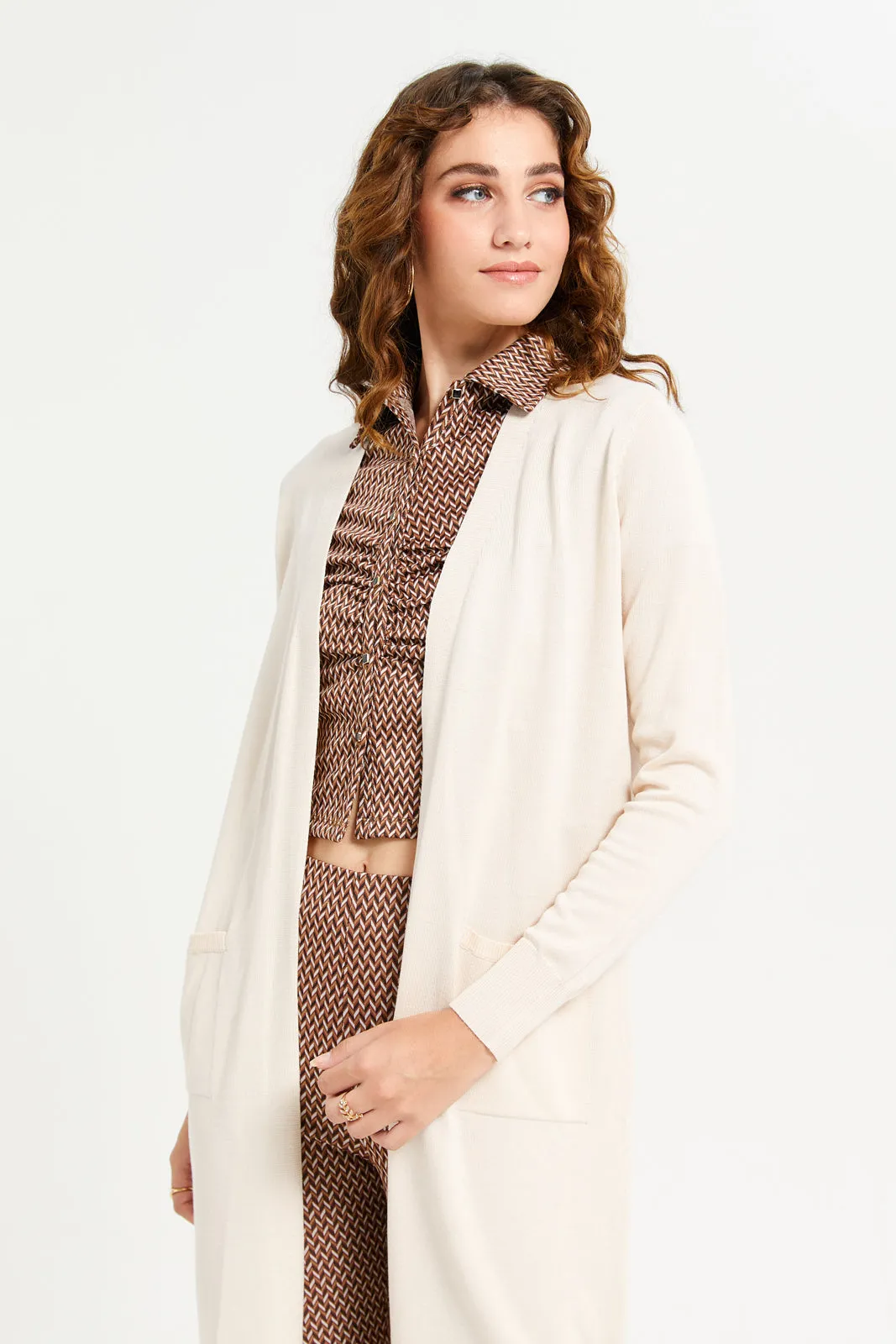 Women Ivory Longline Open-Front Cardigan