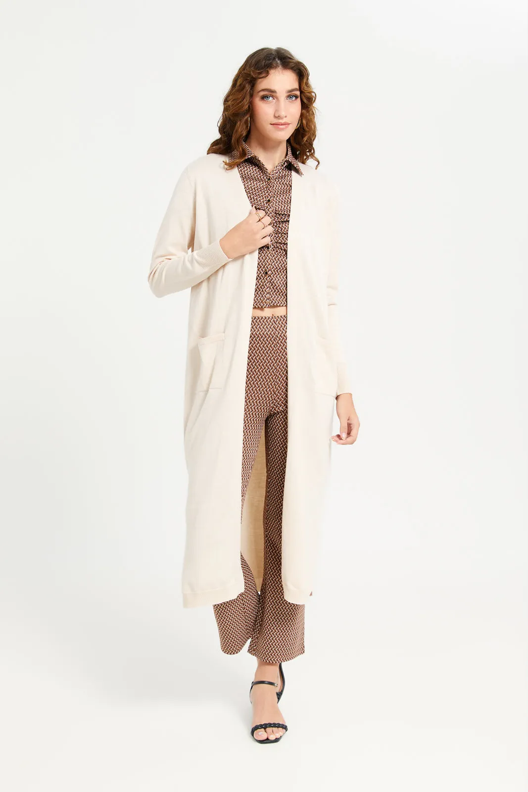 Women Ivory Longline Open-Front Cardigan