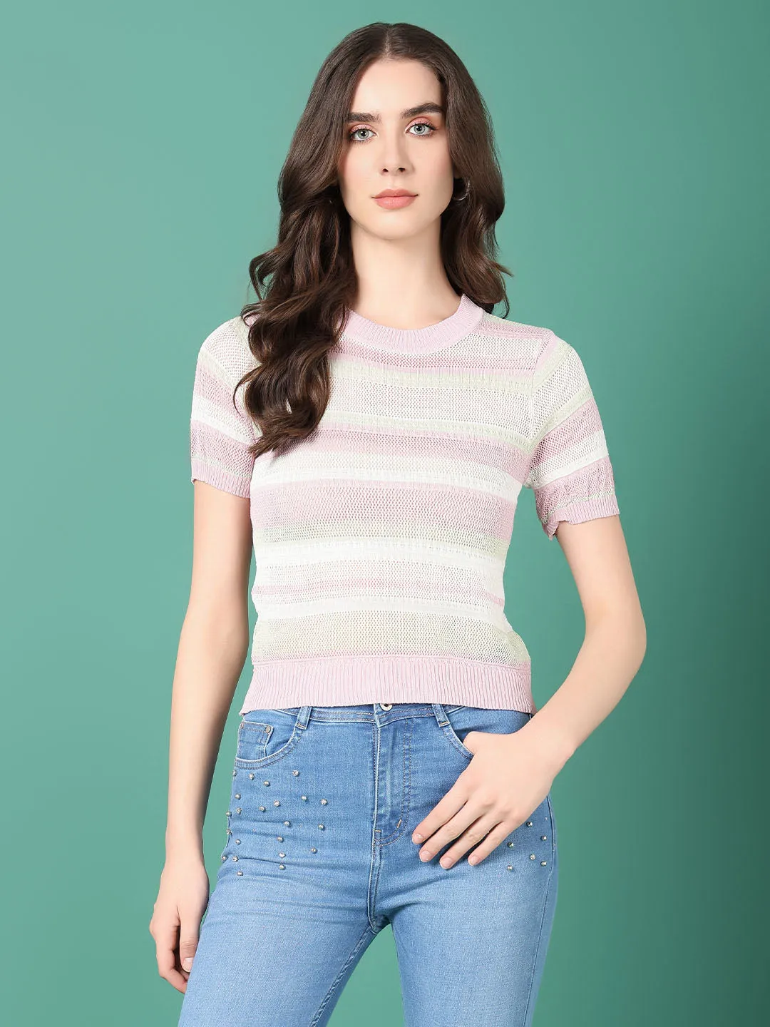 Women Peach Striped Crochet Top