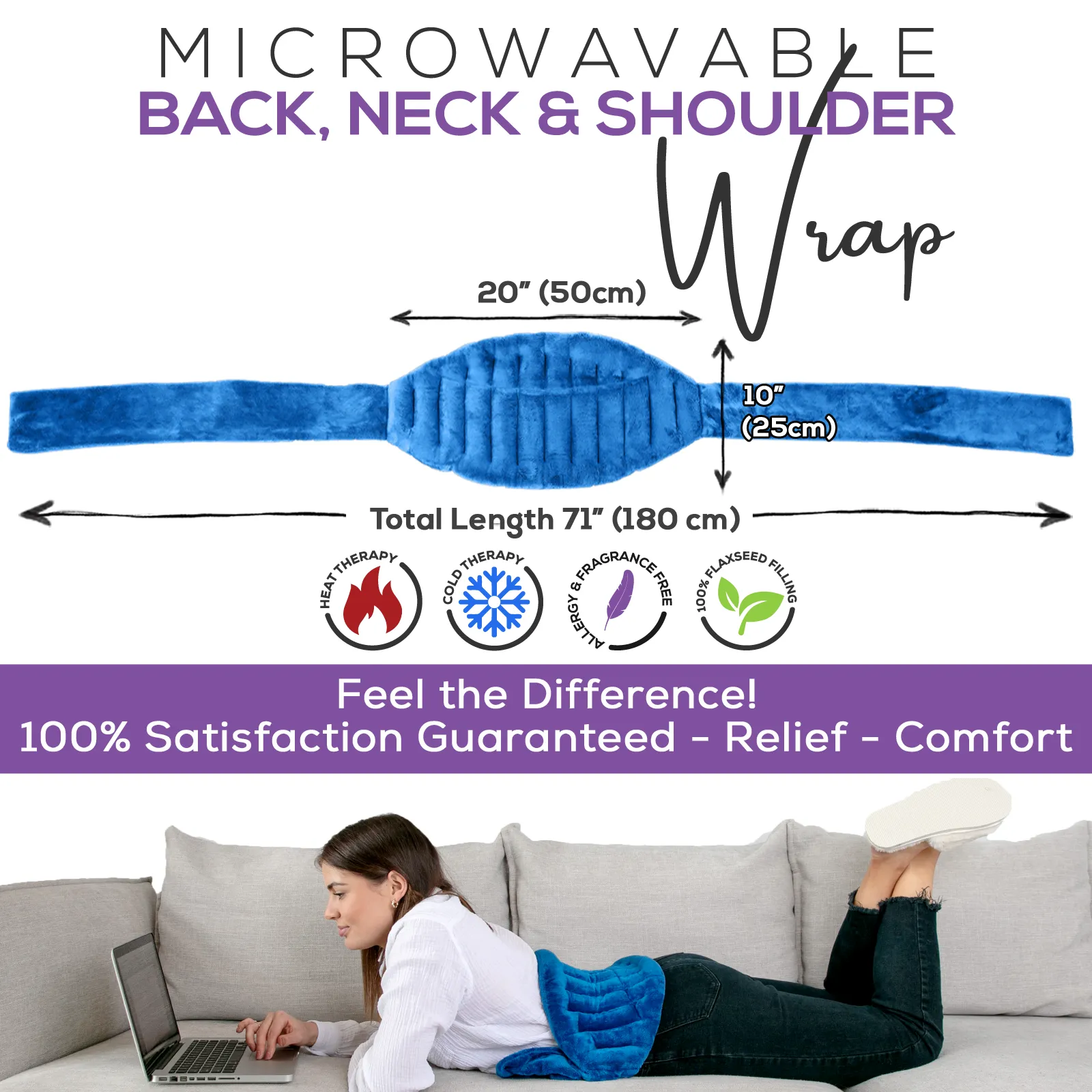 XL Microwave Heating Pad for Back Comforting Relief with 71" Ties/Straps to Secure Anywhere - Moist Heating Pad Microwavable Heat Wrap for Neck & Shoulders, Cramps - Flaxseed Rice Heat Packs Hot Bag